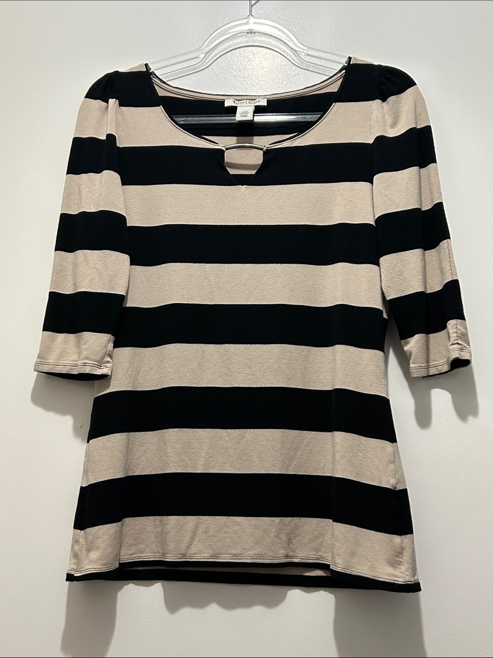 White House Black Market Striped Keyhole 3/4 Sleeve Black Beige Classic Chic M